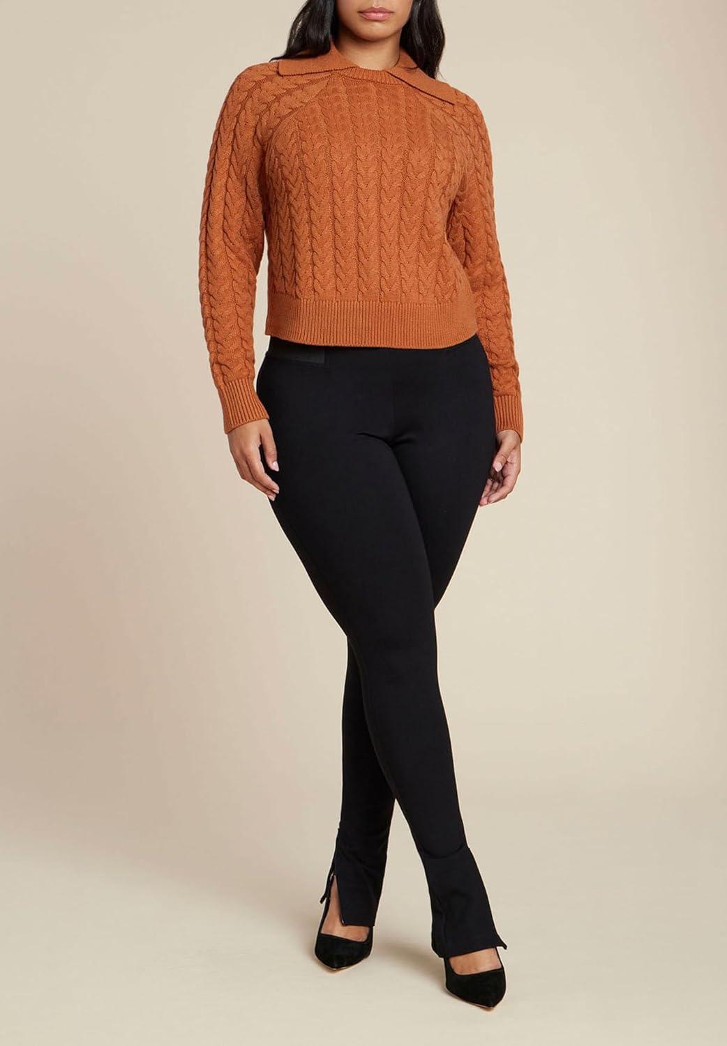 imageELOQUII Womens Plus Size Cableknit Sweater with Wide CollarRustic Brown