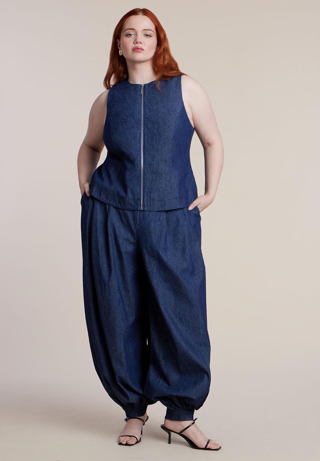 imageELOQUII Womens Plus Size Chambray Zip Up TopDark Wash