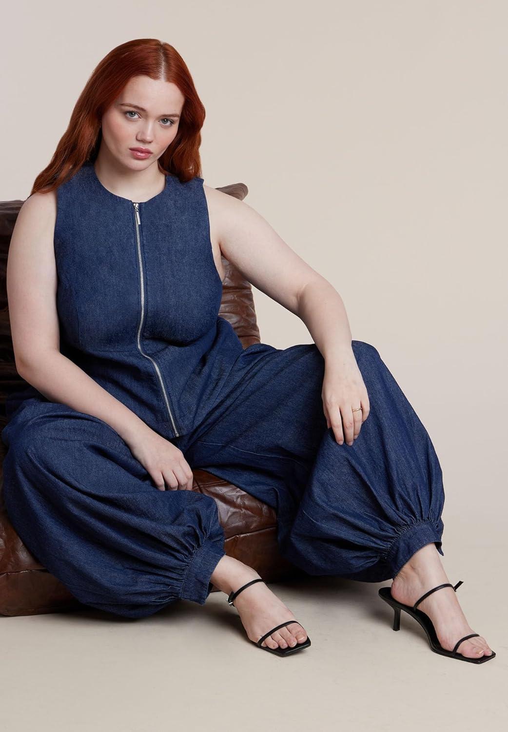 imageELOQUII Womens Plus Size Chambray Zip Up TopDark Wash