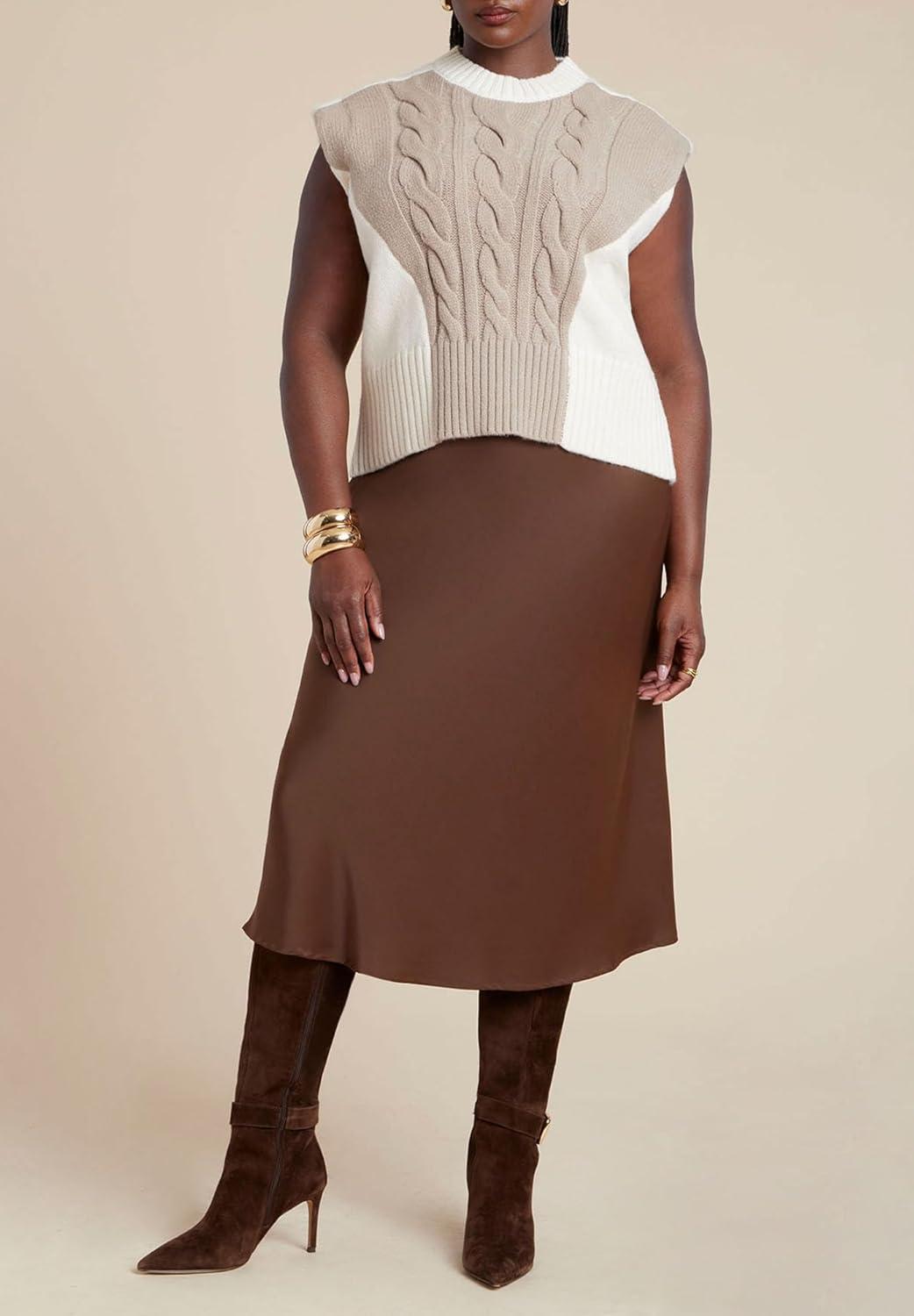imageELOQUII Womens Plus Size Colorblock Sweater VestOatmeal