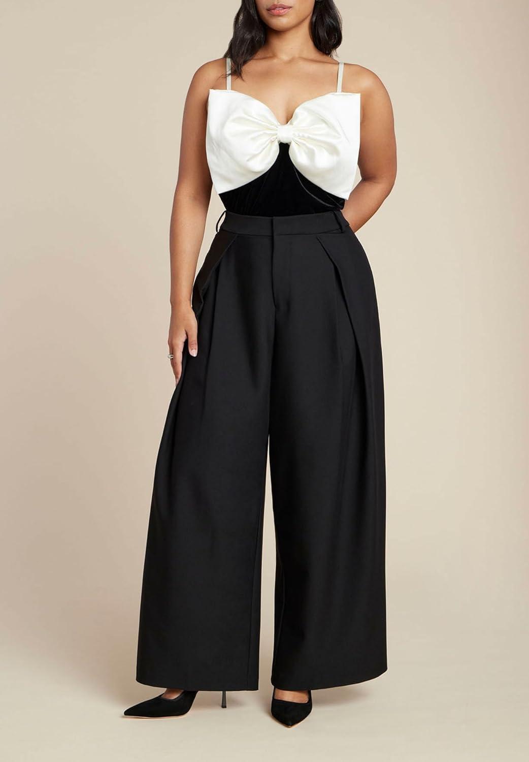 imageELOQUII Womens Plus Size Contrast Bow BodysuitBlack Onyx and Sugar