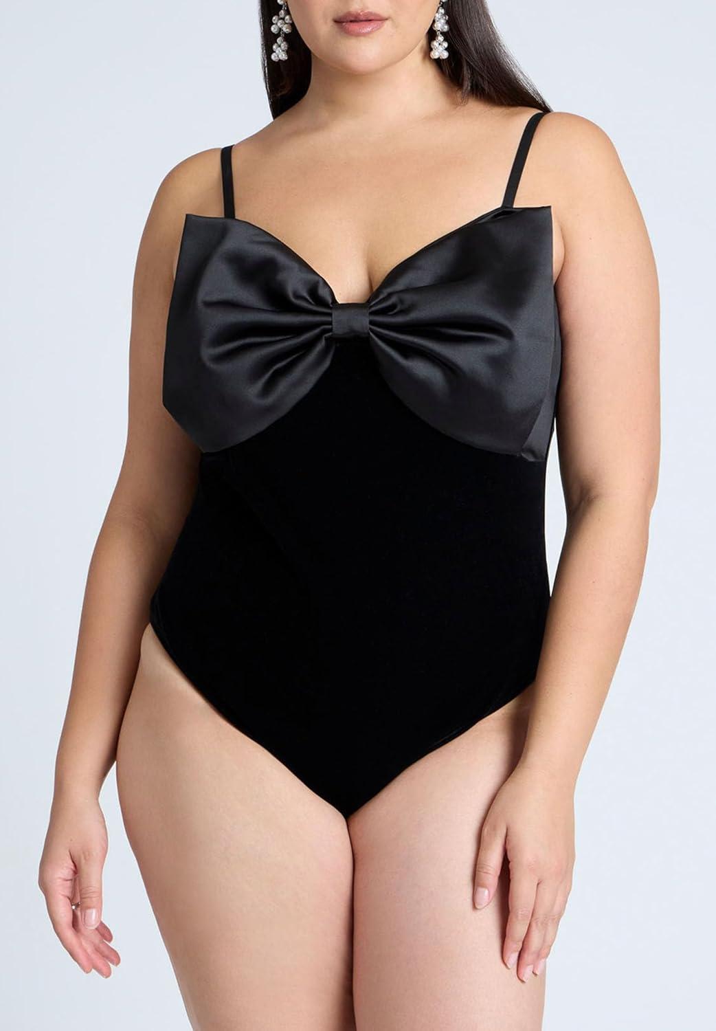 imageELOQUII Womens Plus Size Contrast Bow BodysuitBlack Onyx and Sugar