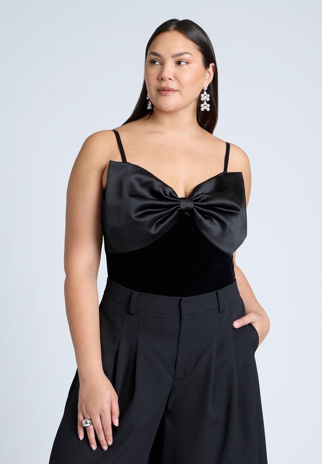 imageELOQUII Womens Plus Size Contrast Bow BodysuitBlack Onyx and Sugar
