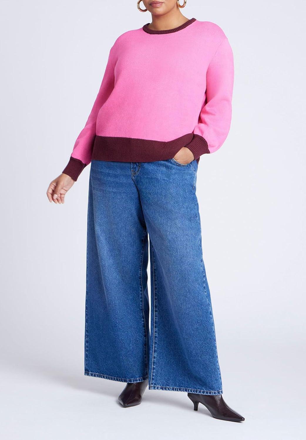 imageELOQUII Womens Plus Size Contrast Rib SweaterCandy Pink Maroon Banner