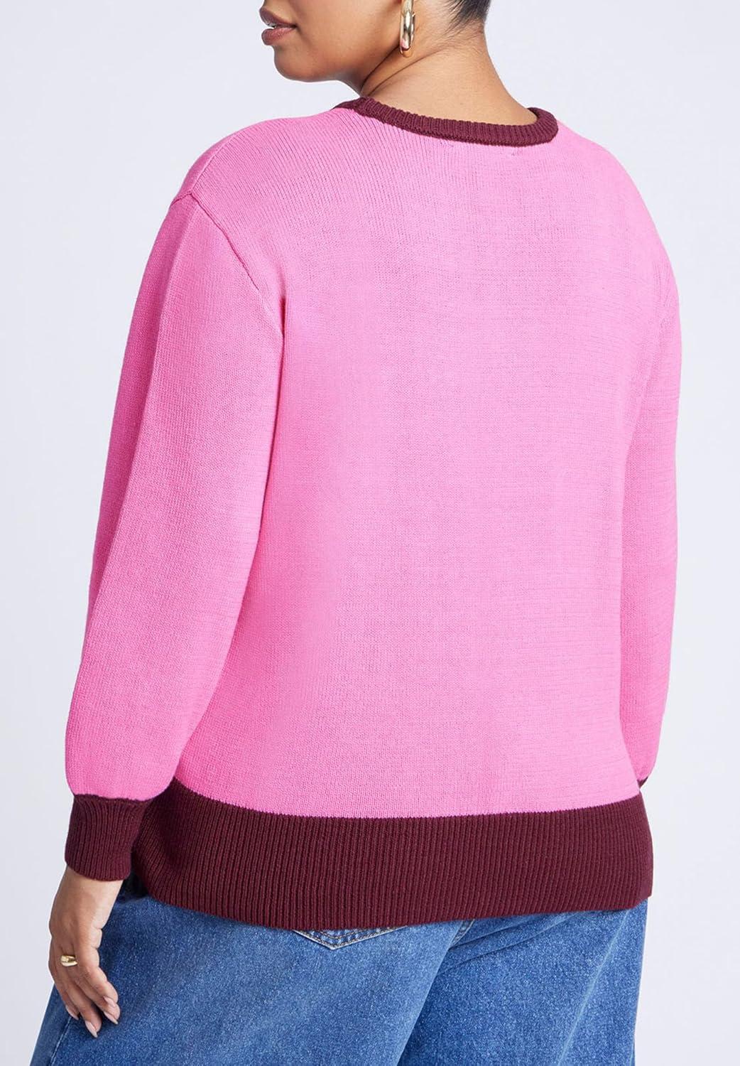 imageELOQUII Womens Plus Size Contrast Rib SweaterCandy Pink Maroon Banner