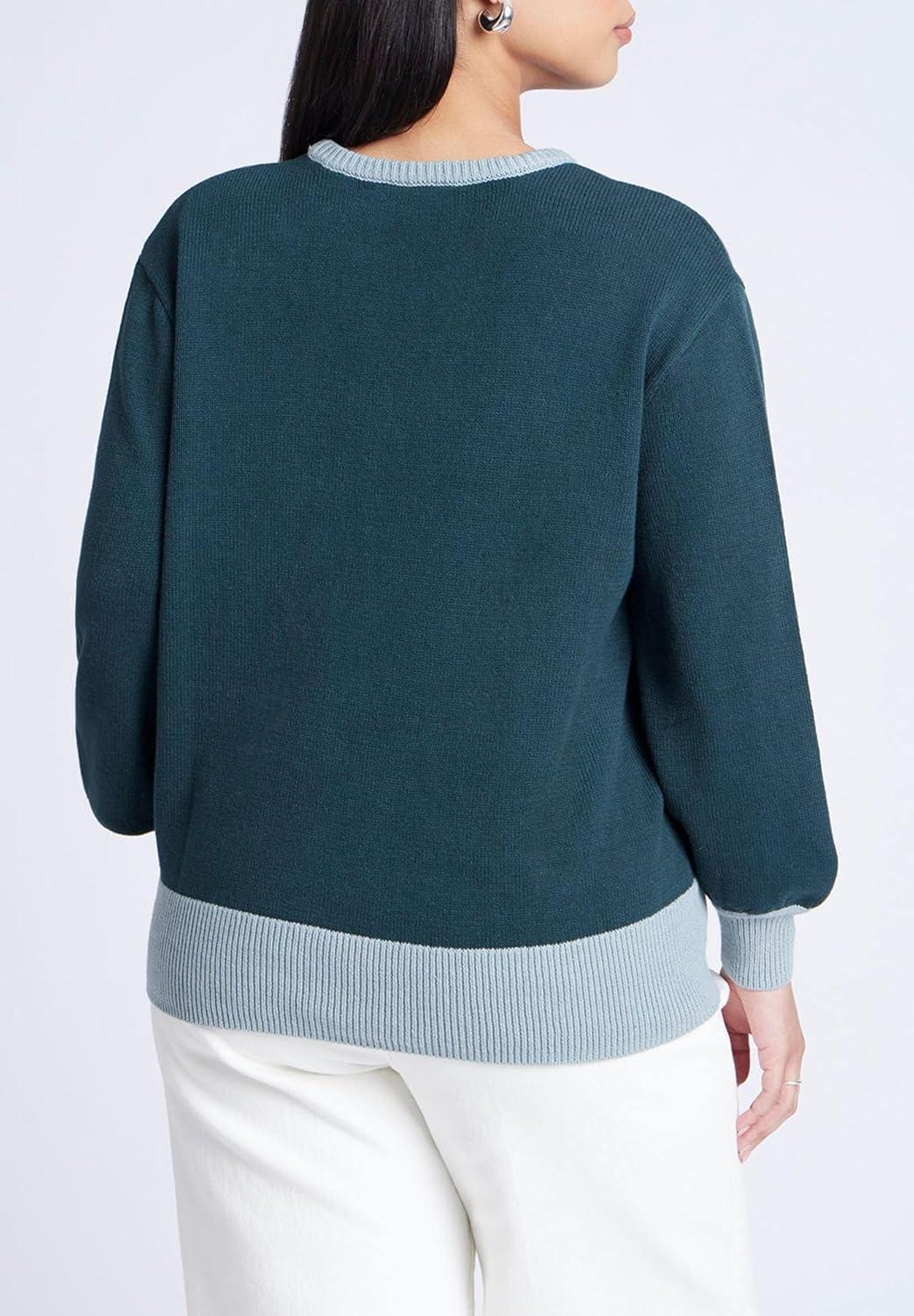 imageELOQUII Womens Plus Size Contrast Rib SweaterRain Forest Green Mineral Blue