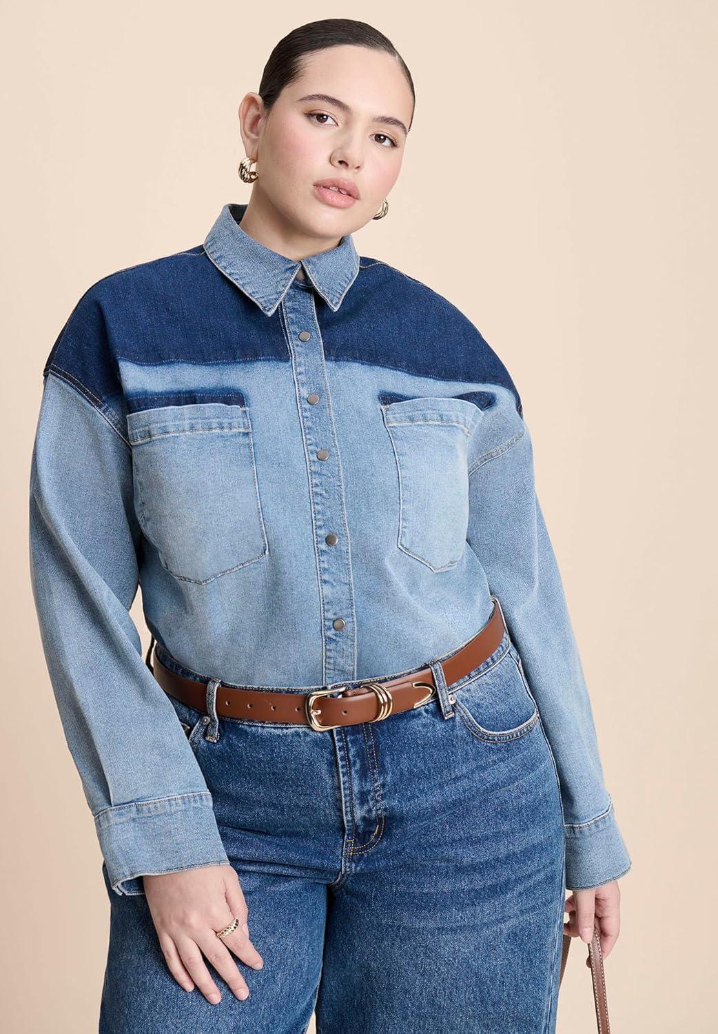 imageELOQUII Womens Plus Size Denim Trucker Shirt