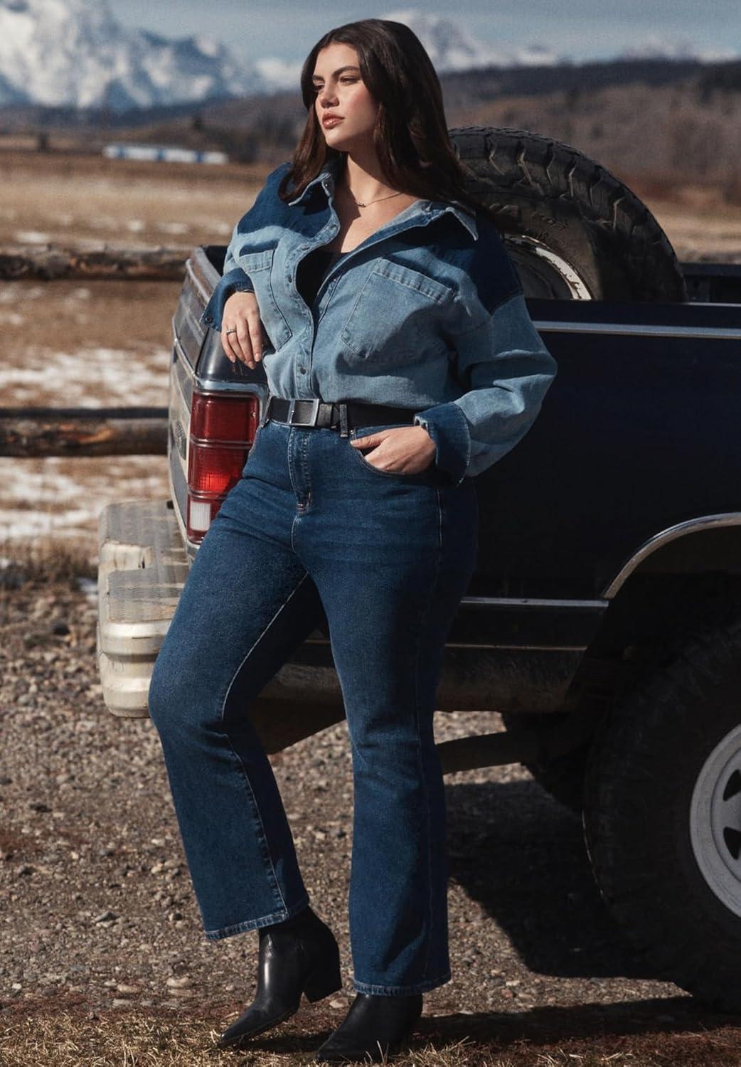 imageELOQUII Womens Plus Size Denim Trucker Shirt