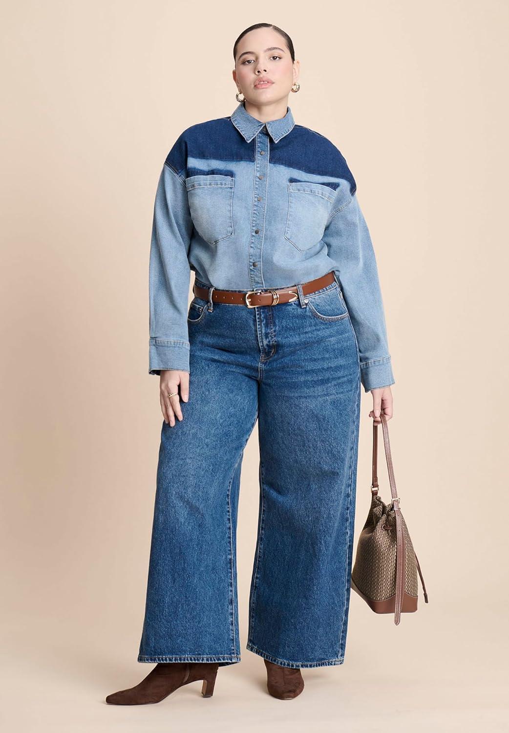 imageELOQUII Womens Plus Size Denim Trucker Shirt