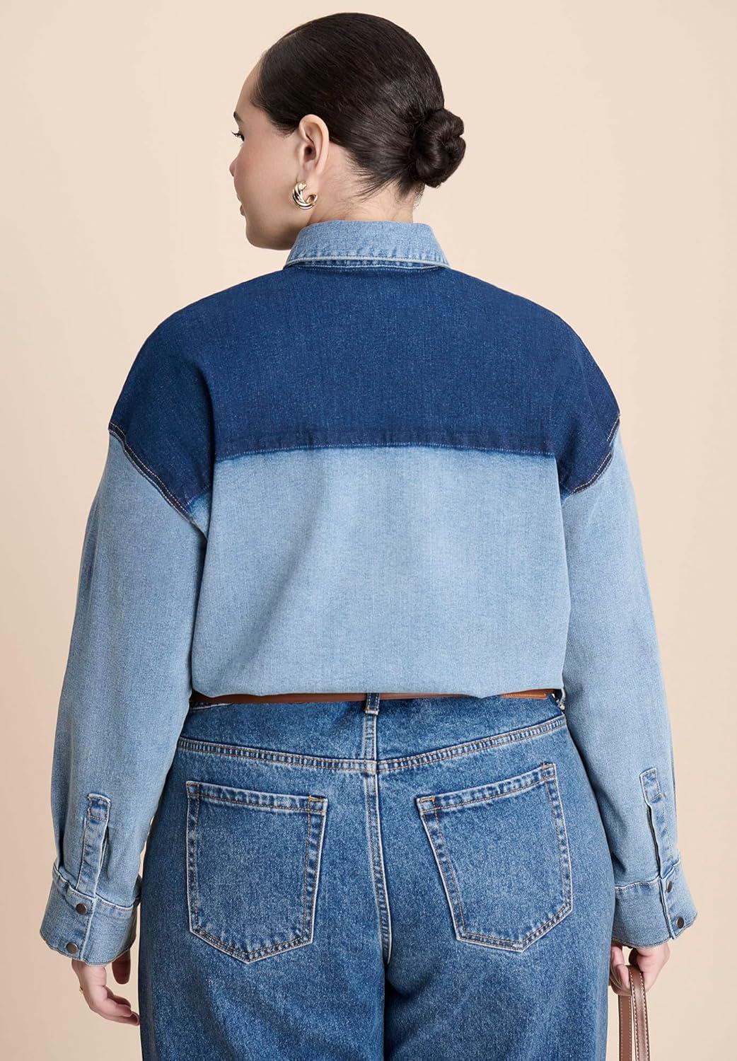 imageELOQUII Womens Plus Size Denim Trucker Shirt
