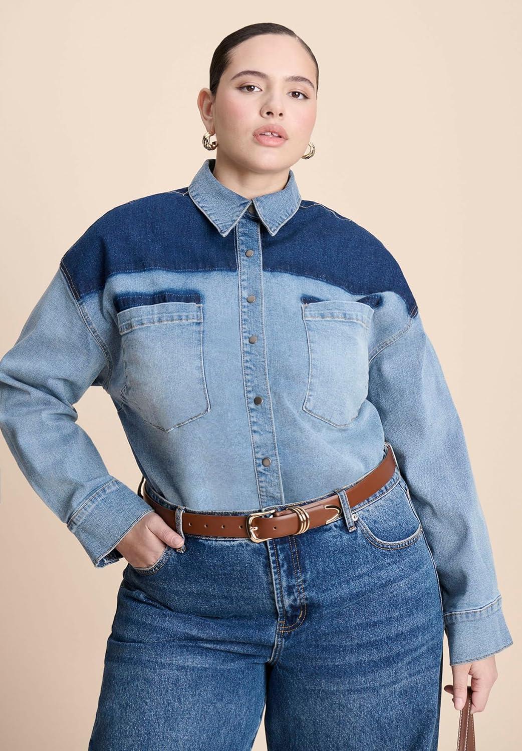 imageELOQUII Womens Plus Size Denim Trucker Shirt