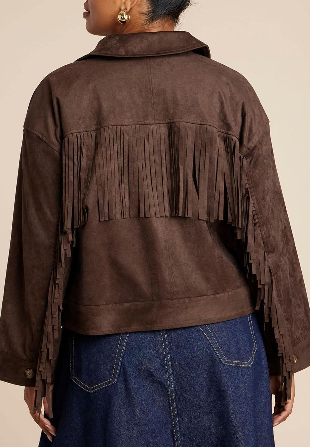 imageELOQUII Womens Plus Size Faux Suede Fringe JacketChocolate Brown