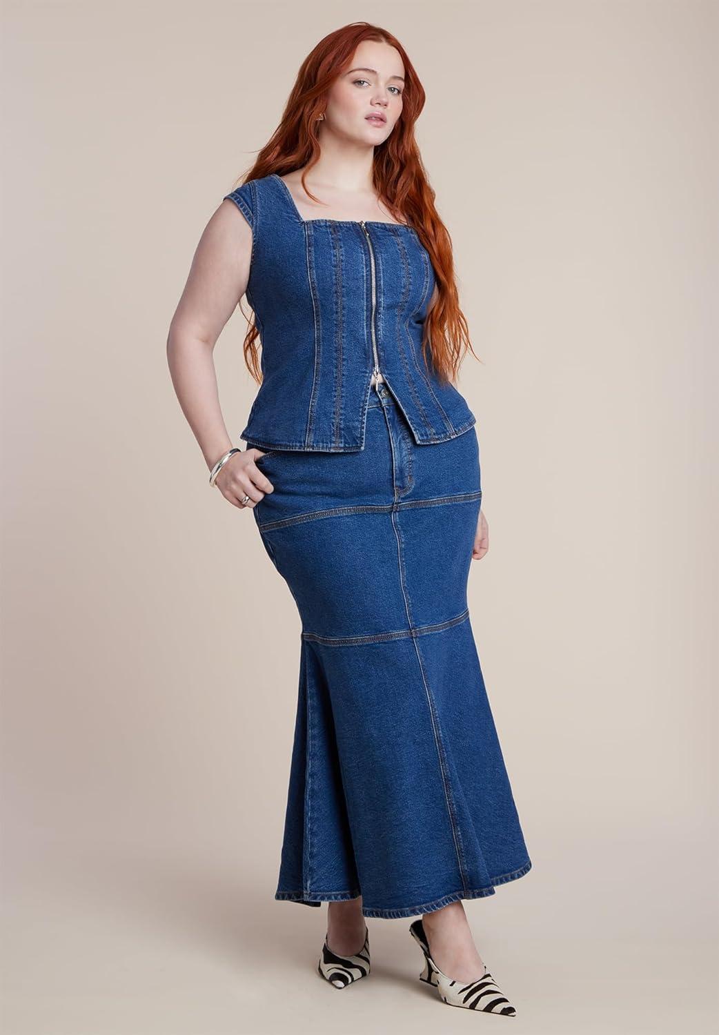 imageELOQUII Womens Plus Size Fitted Square Neck Denim TopMedium Wash