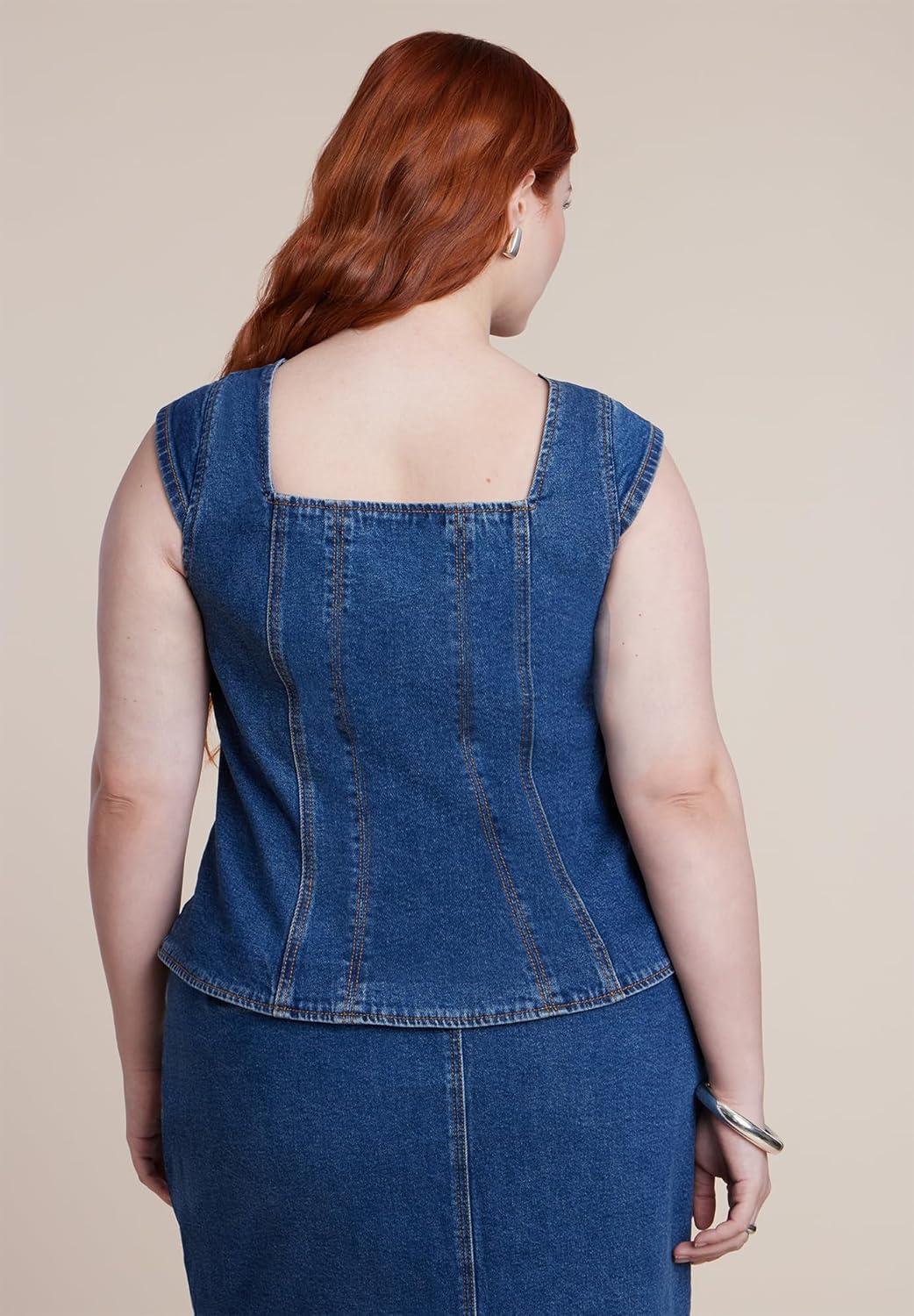 imageELOQUII Womens Plus Size Fitted Square Neck Denim TopMedium Wash