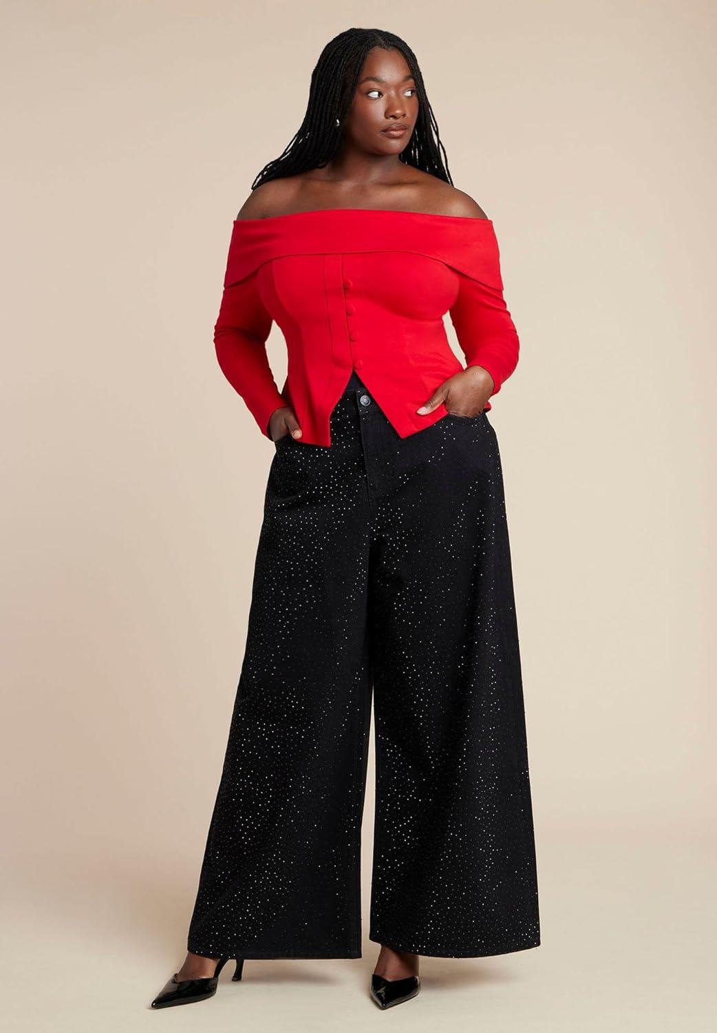 imageELOQUII Womens Plus Size Fold Over Top with Front Button DetailBarbados Cherry
