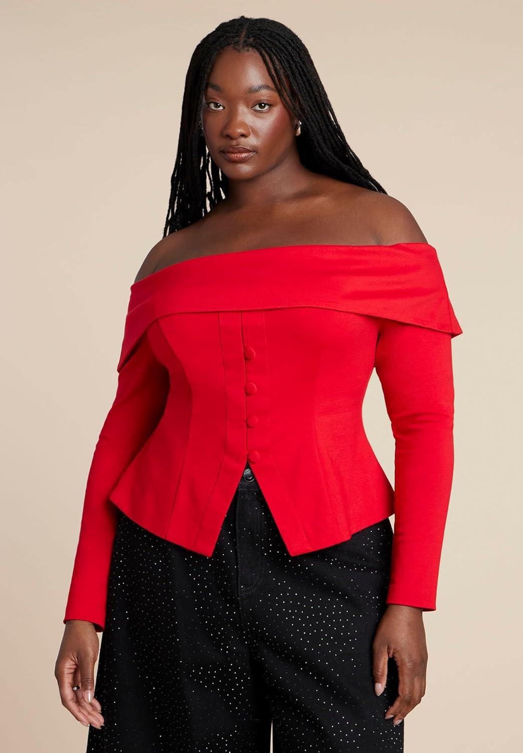 imageELOQUII Womens Plus Size Fold Over Top with Front Button DetailBarbados Cherry