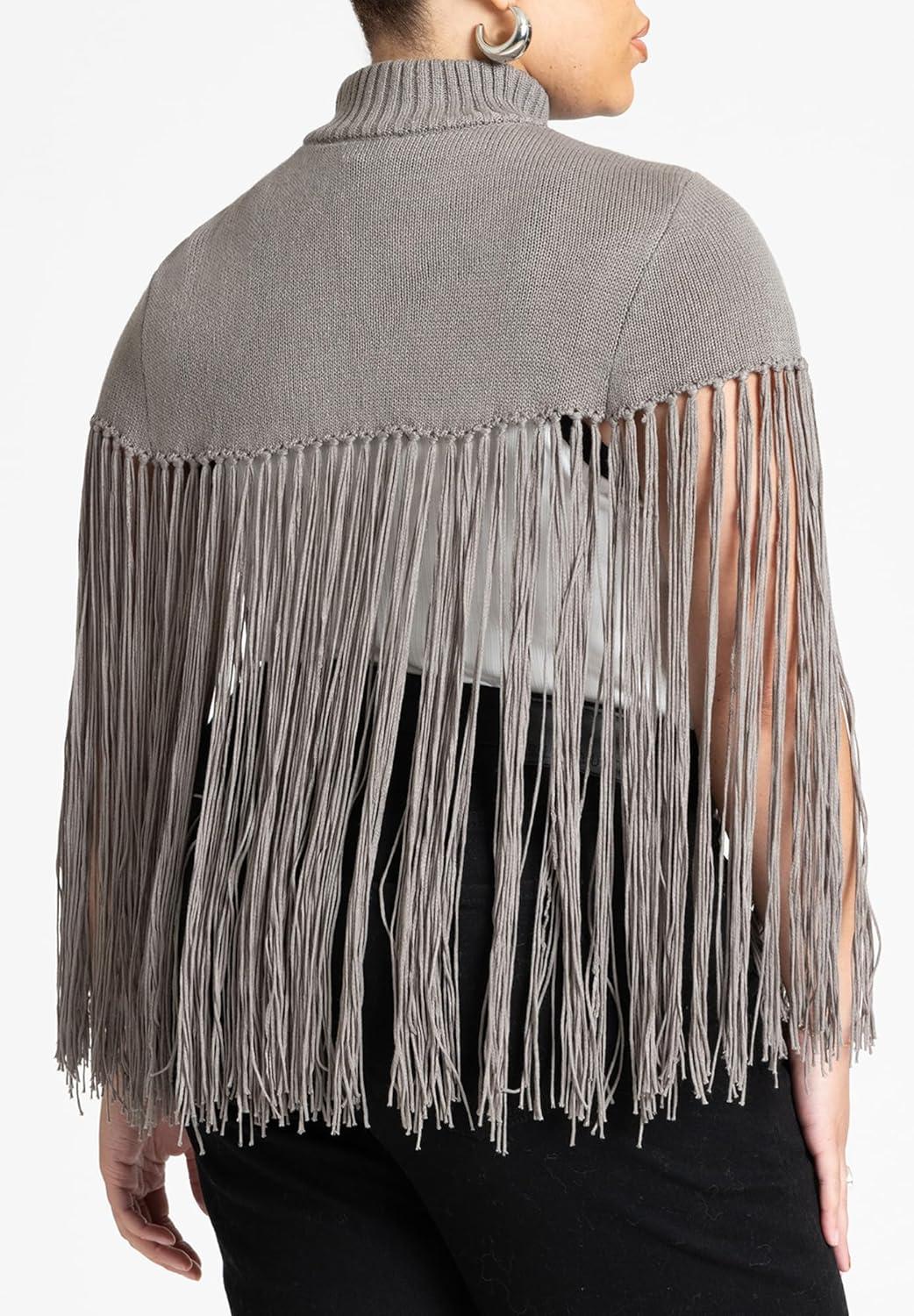 imageELOQUII Womens Plus Size Fringe Half SweaterBlack Onyx