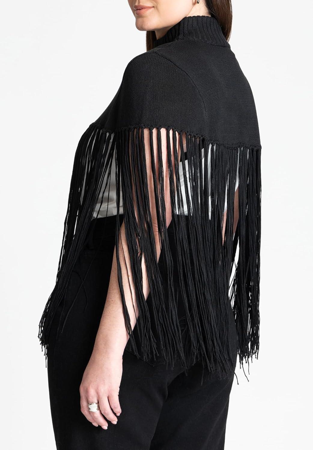 imageELOQUII Womens Plus Size Fringe Half SweaterBlack Onyx