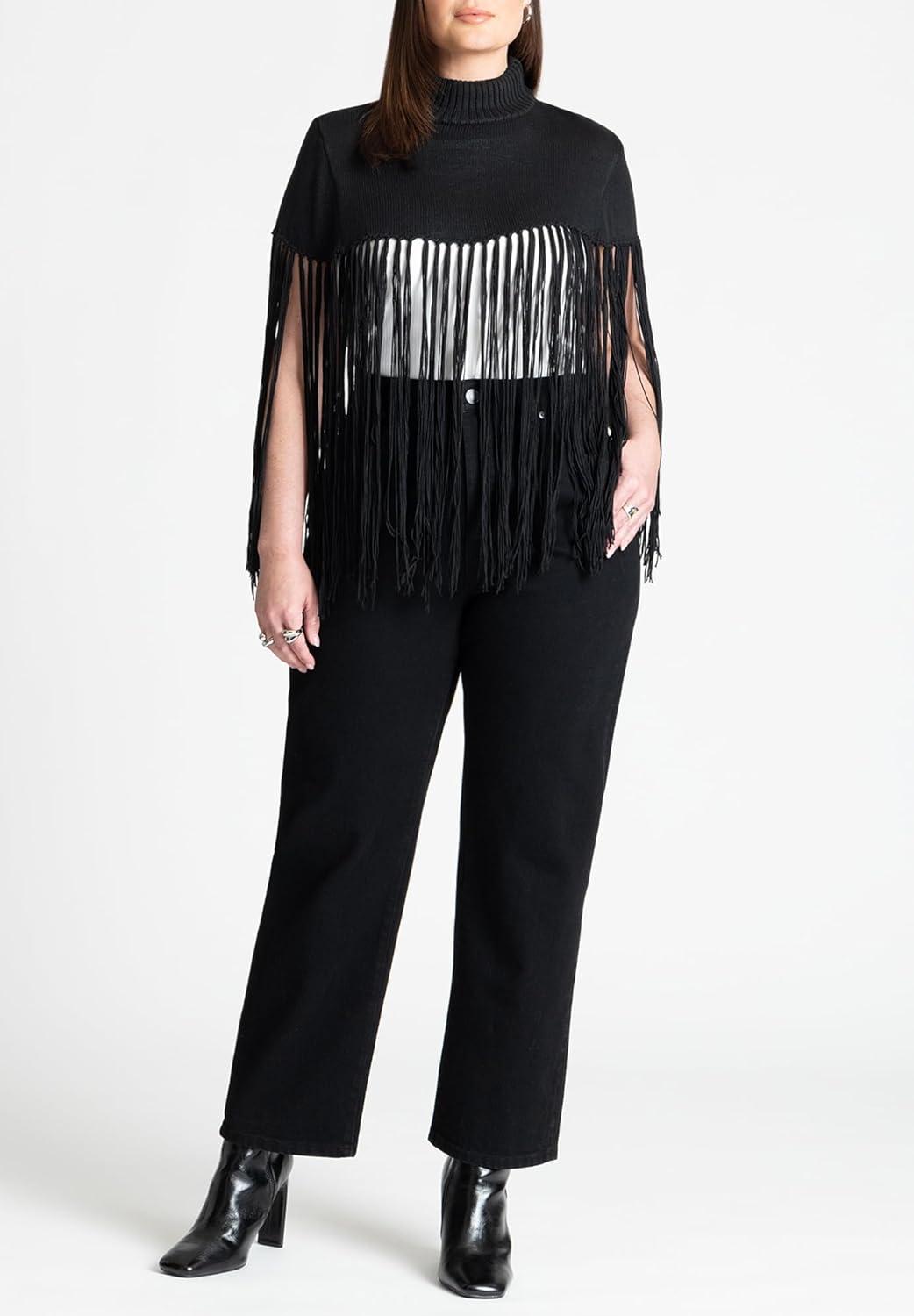 imageELOQUII Womens Plus Size Fringe Half SweaterBlack Onyx