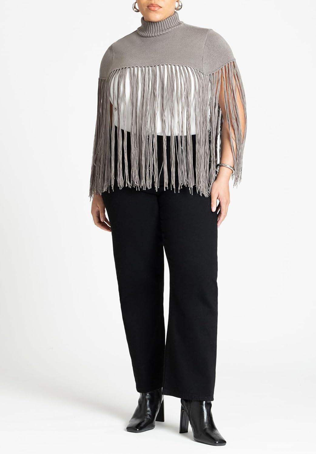 imageELOQUII Womens Plus Size Fringe Half SweaterBlack Onyx