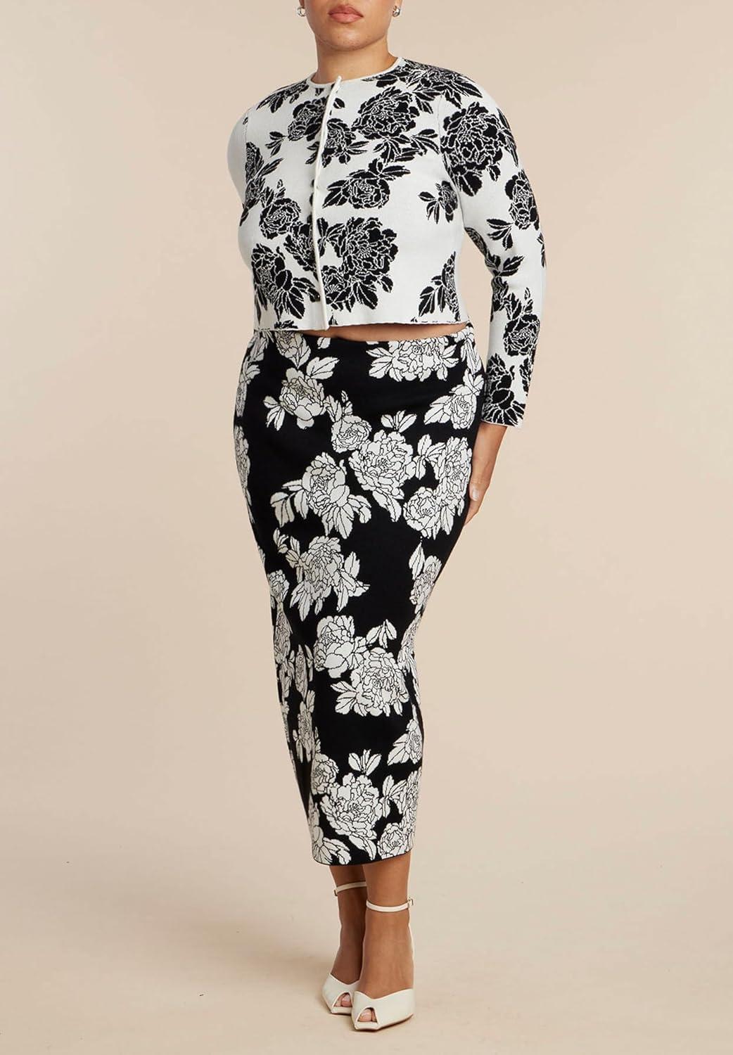 imageELOQUII Womens Plus Size Intarsia CardiganBlack White Blossoms