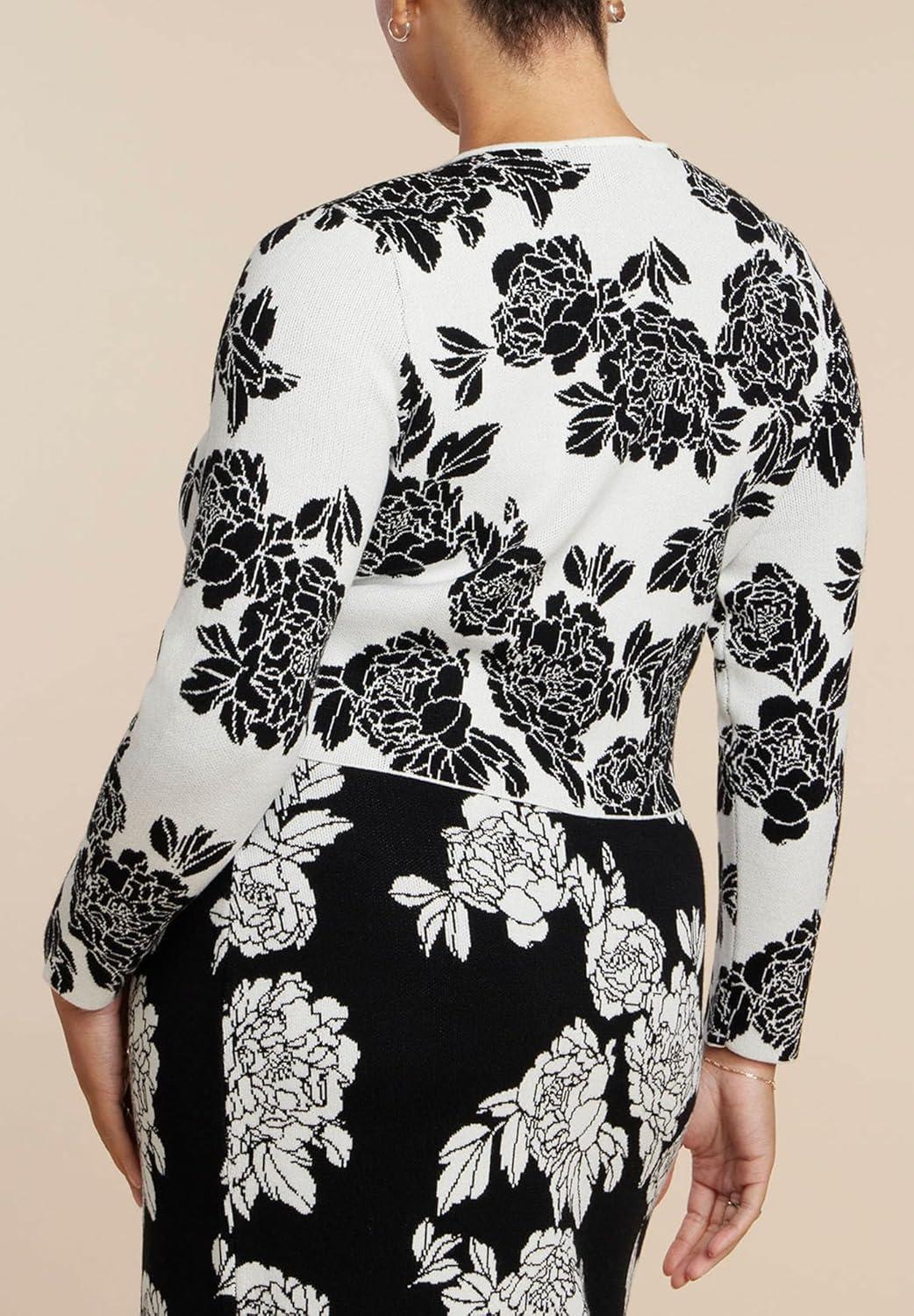 imageELOQUII Womens Plus Size Intarsia CardiganBlack White Blossoms