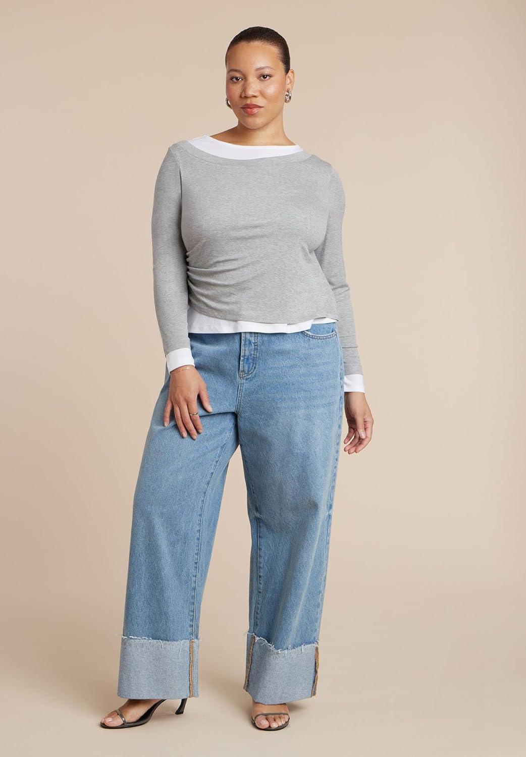 imageELOQUII Womens Plus Size Layered Long Sleeve TopHeather Grey and White