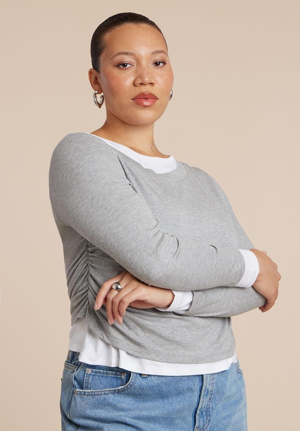 imageELOQUII Womens Plus Size Layered Long Sleeve TopHeather Grey and White