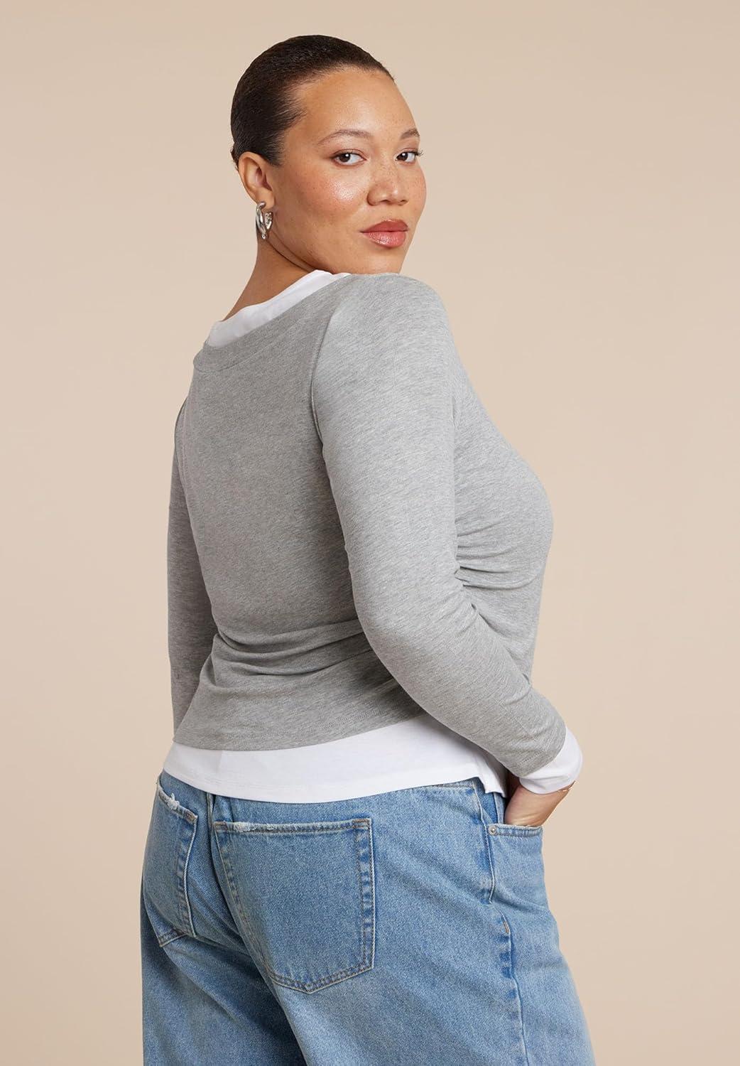 imageELOQUII Womens Plus Size Layered Long Sleeve TopHeather Grey and White