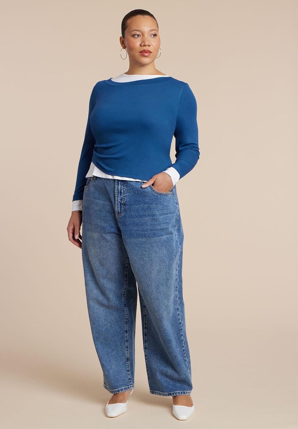imageELOQUII Womens Plus Size Layered Long Sleeve TopStorm Blue and White