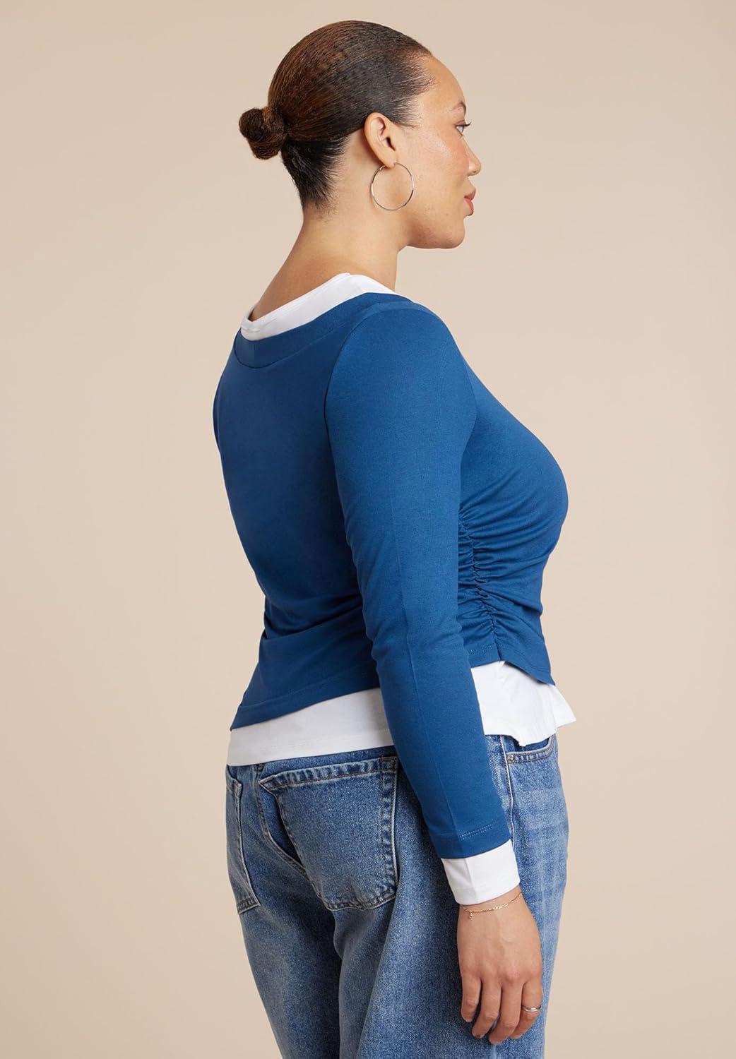 imageELOQUII Womens Plus Size Layered Long Sleeve TopStorm Blue and White