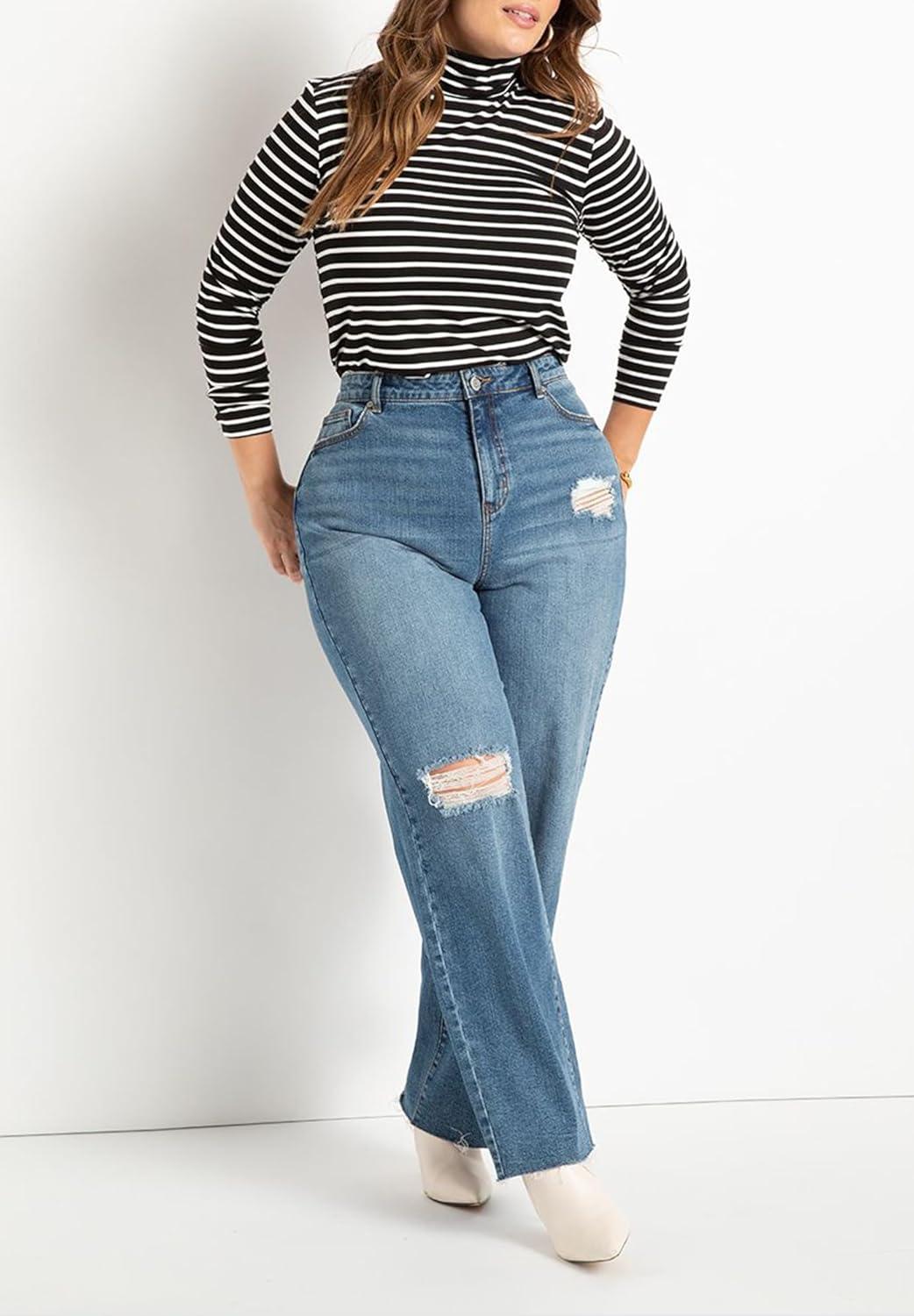 imageELOQUII Womens Plus Size Layering TurtleneckBlack White Stripe