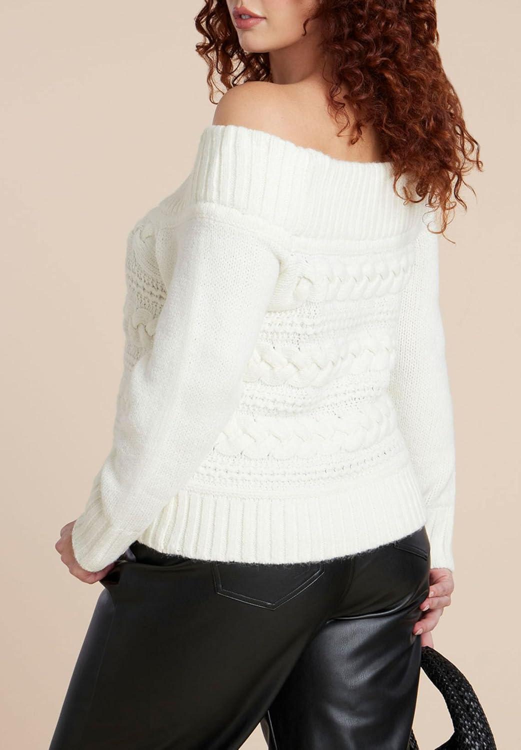 imageELOQUII Womens Plus Size Off The Shoulder Cableknit SweaterJet Stream