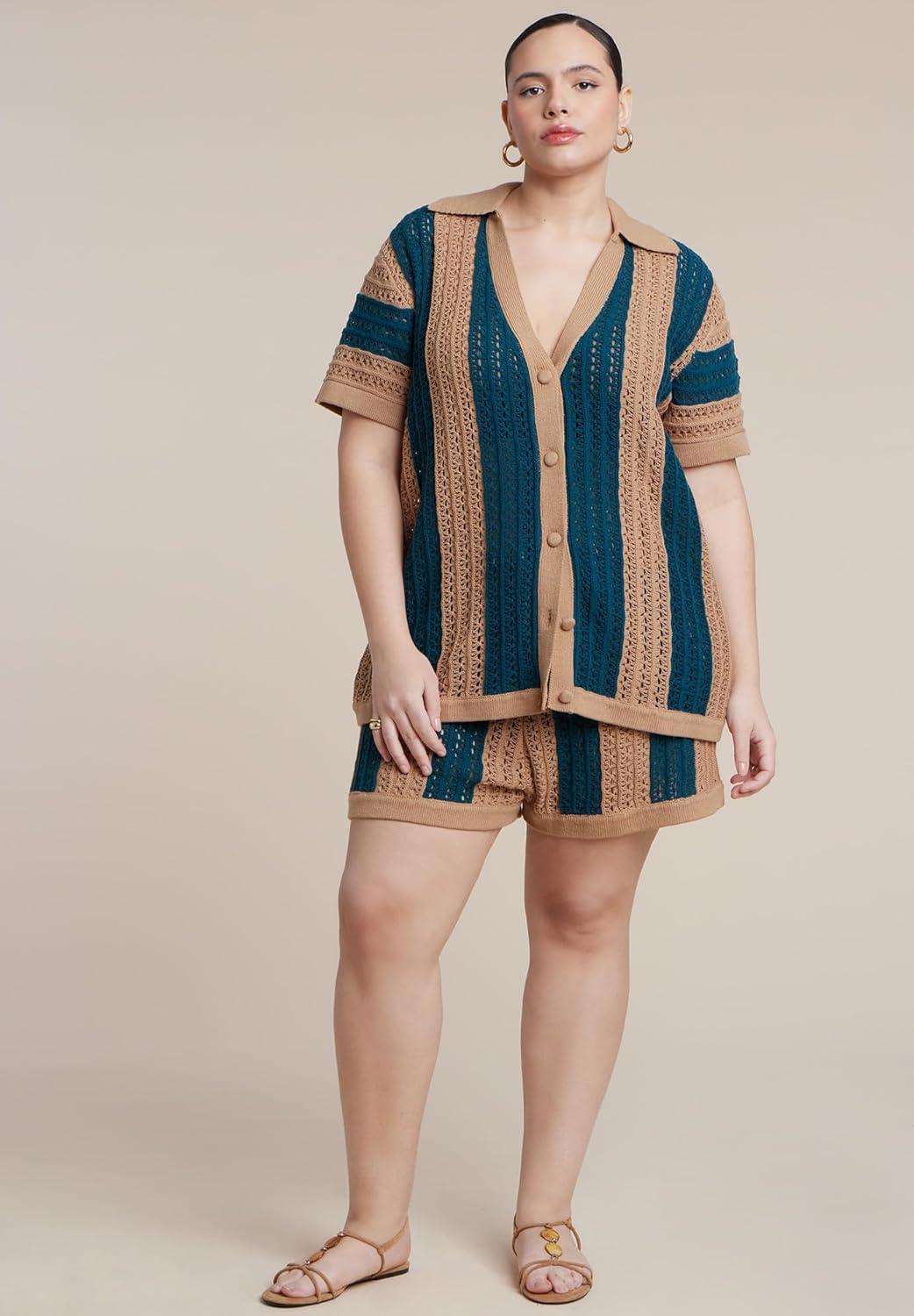 imageELOQUII Womens Plus Size Oversized Crochet Button Up Top