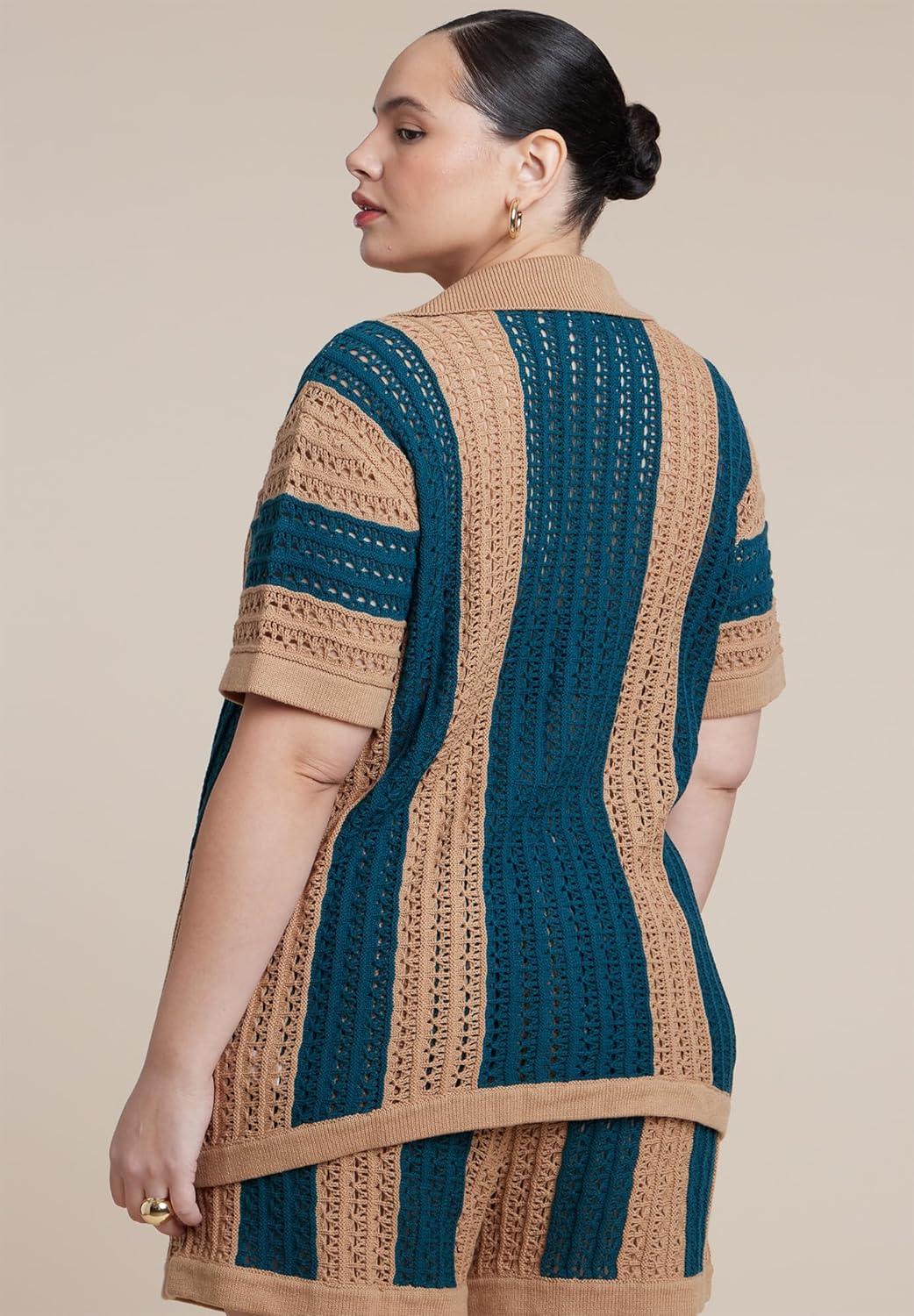 imageELOQUII Womens Plus Size Oversized Crochet Button Up Top