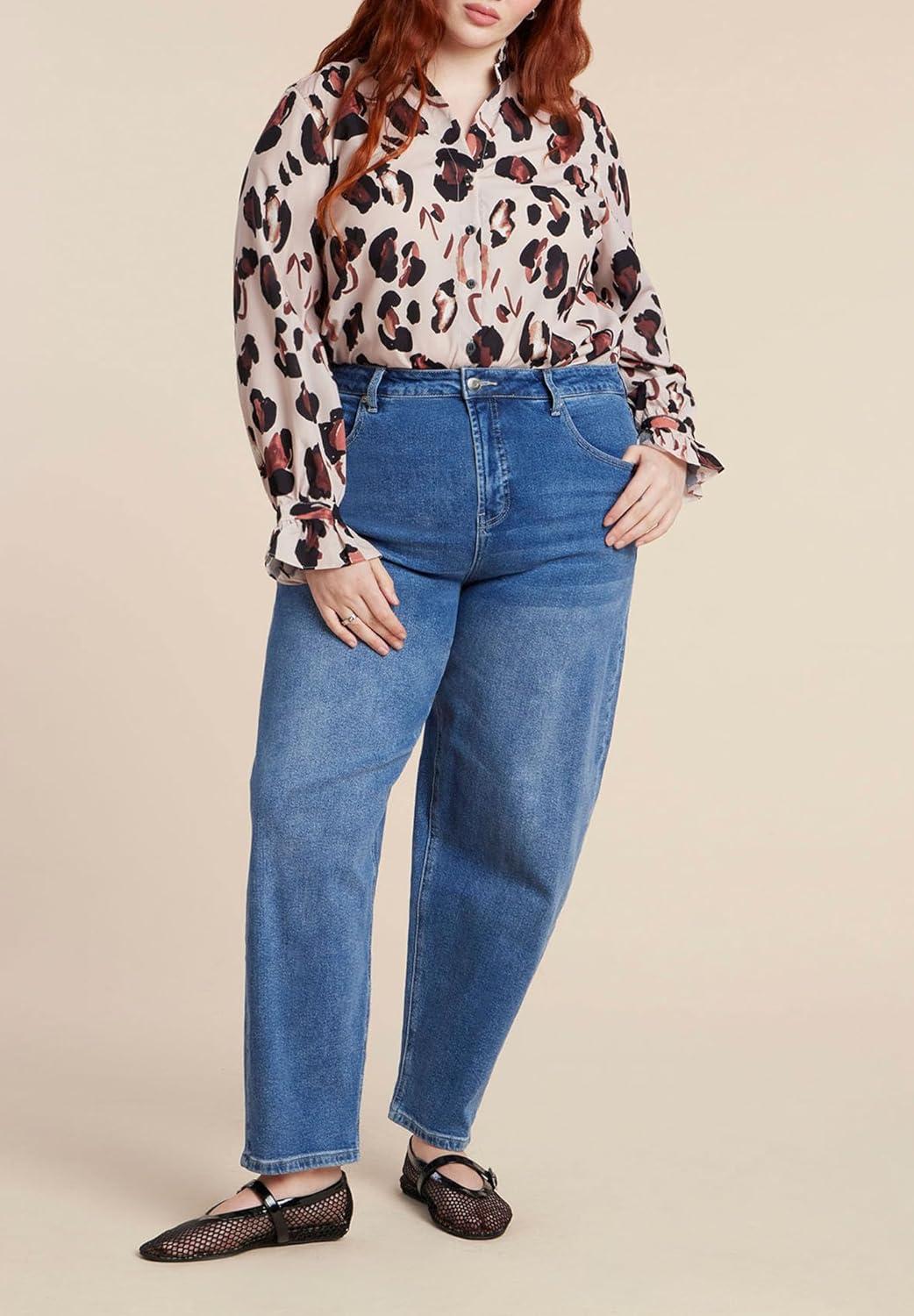 imageELOQUII Womens Plus Size Printed Button Down Shirt with Ruffle NeckPanthera