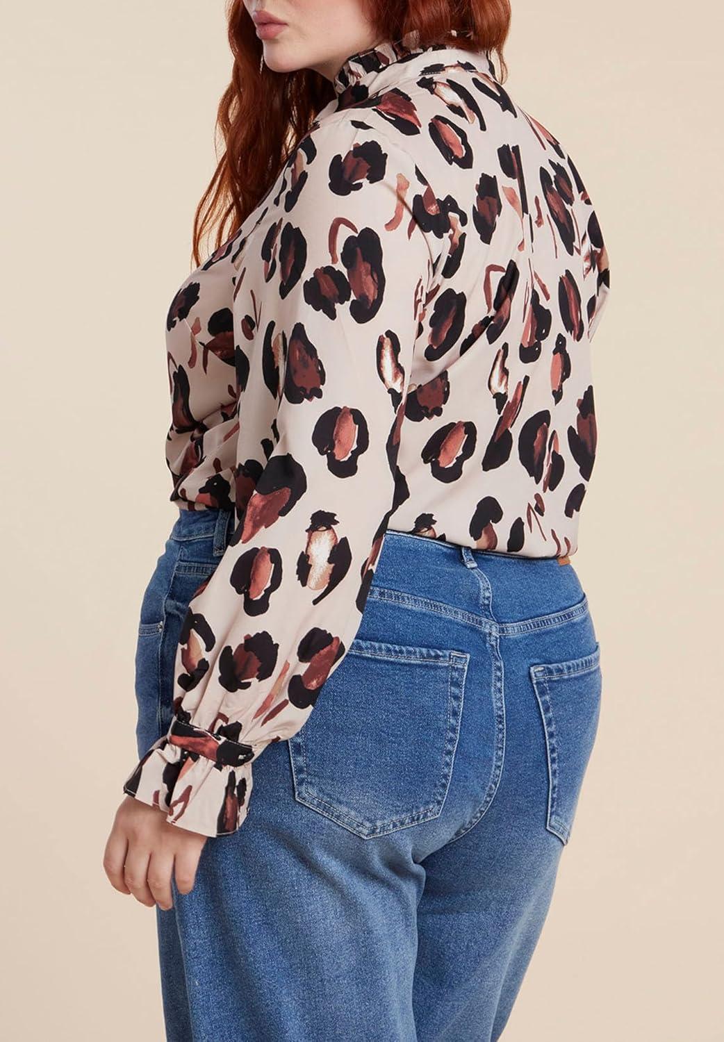imageELOQUII Womens Plus Size Printed Button Down Shirt with Ruffle NeckPanthera