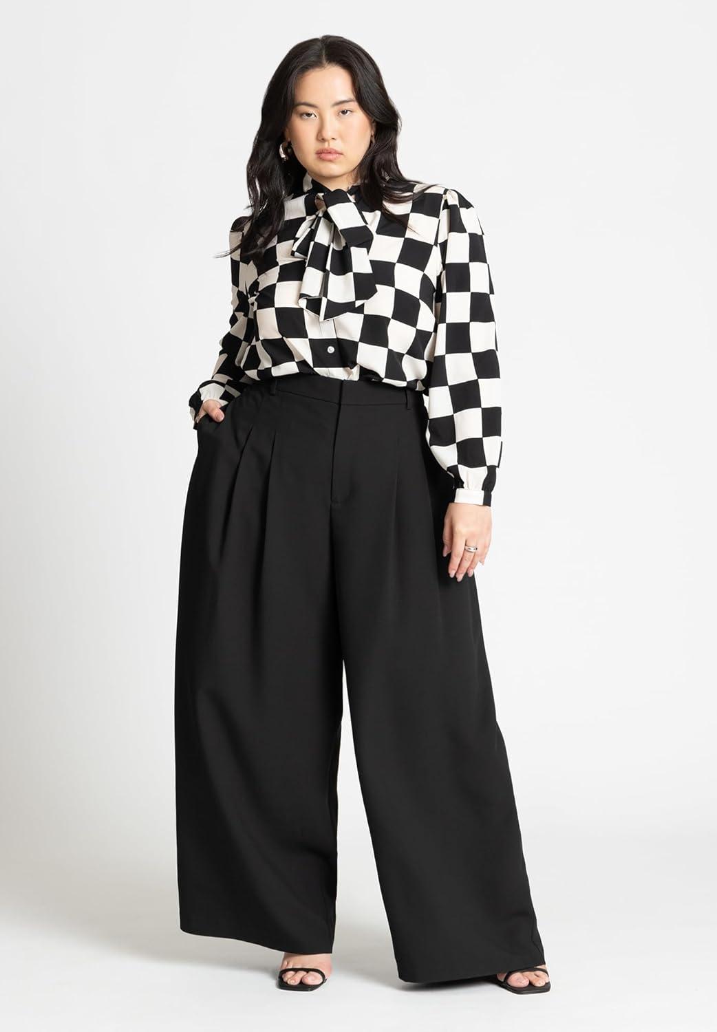imageELOQUII Womens Plus Size Printed Tie Neck BlouseCheckered