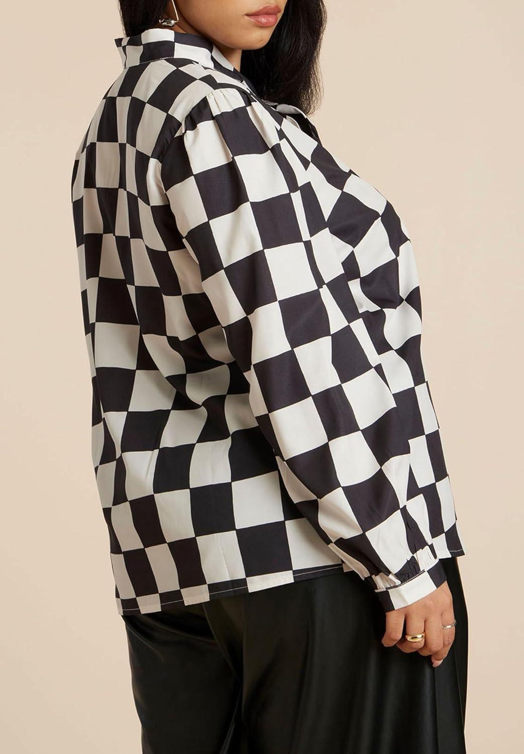 imageELOQUII Womens Plus Size Printed Tie Neck BlouseCheckered