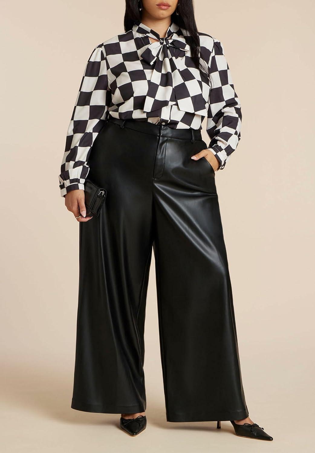 imageELOQUII Womens Plus Size Printed Tie Neck BlouseCheckered