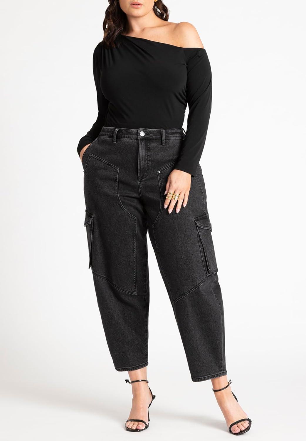 imageELOQUII Womens Plus Size Ruched One Shoulder Tee with Thumbhole SleeveBlack Onyx