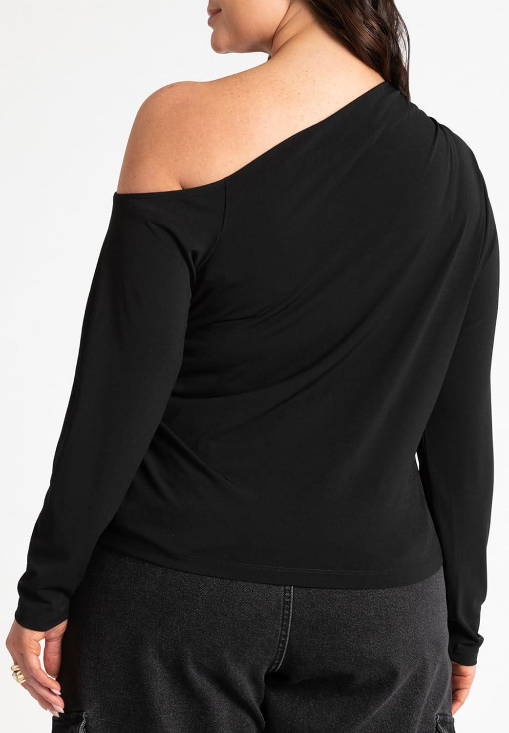 imageELOQUII Womens Plus Size Ruched One Shoulder Tee with Thumbhole SleeveBlack Onyx