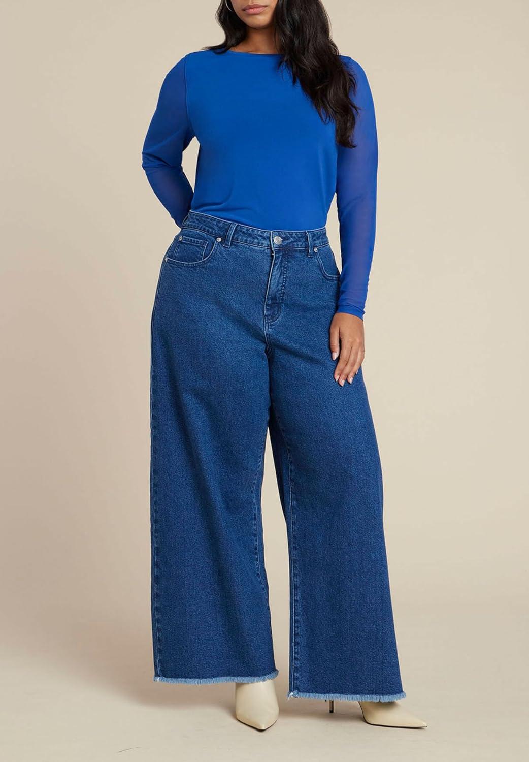 imageELOQUII Womens Plus Size Sheer Sleeve TeeBlue Quartz