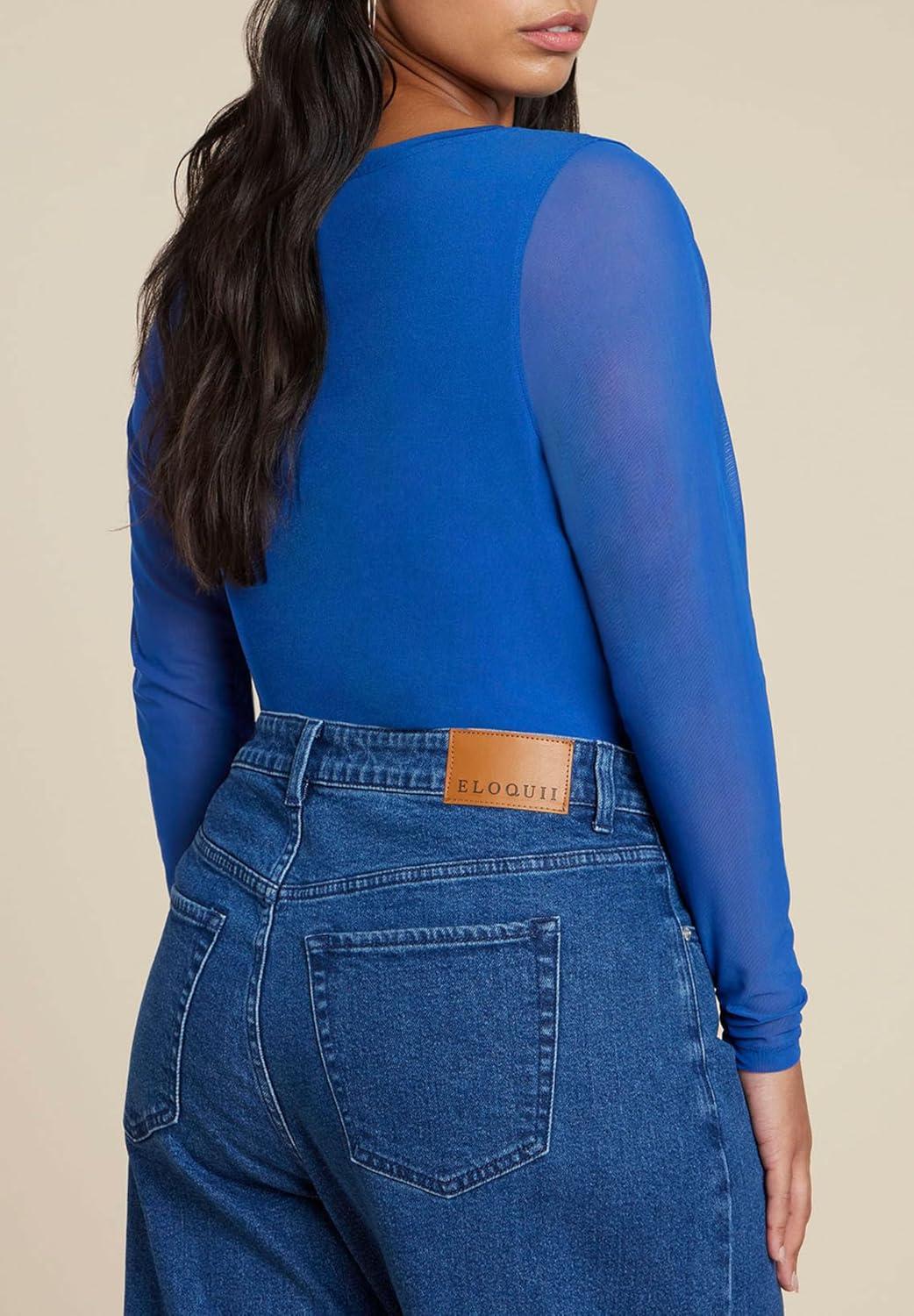 imageELOQUII Womens Plus Size Sheer Sleeve TeeBlue Quartz