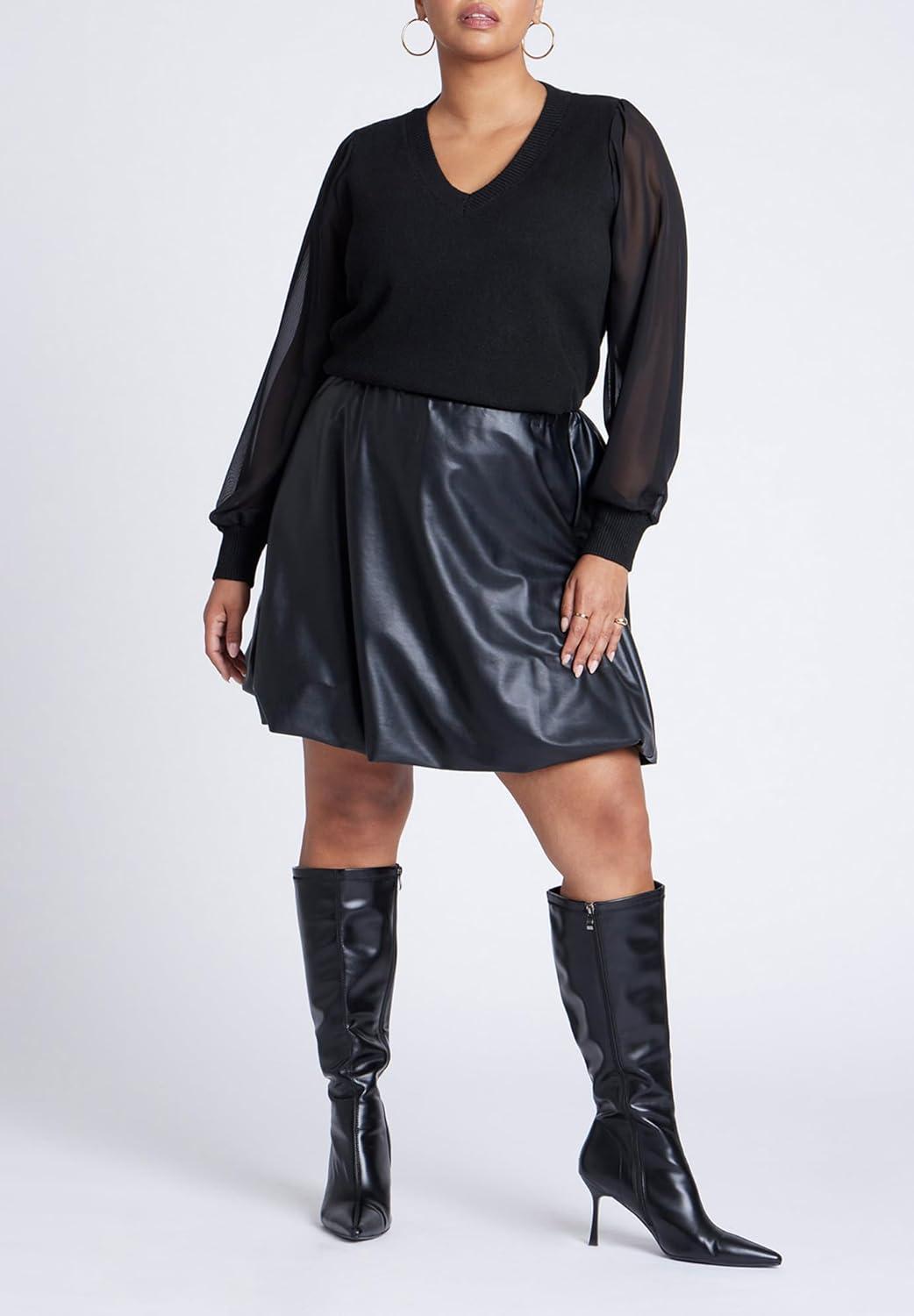 imageELOQUII Womens Plus Size Sheer Sleeve VNeck SweaterBlack Onyx