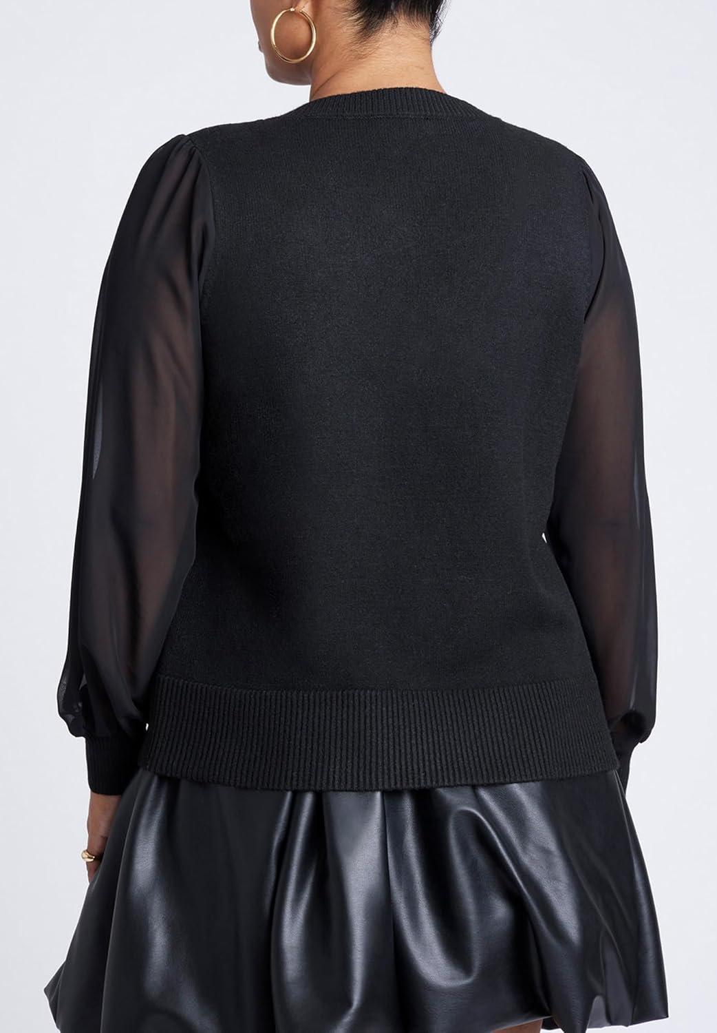 imageELOQUII Womens Plus Size Sheer Sleeve VNeck SweaterBlack Onyx