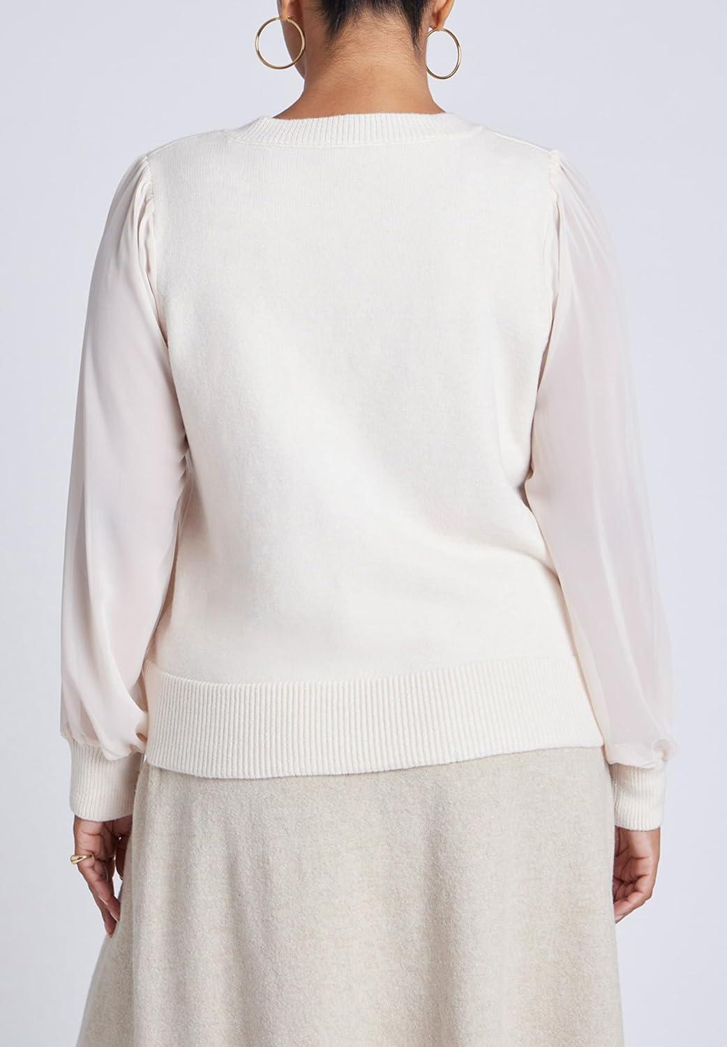 imageELOQUII Womens Plus Size Sheer Sleeve VNeck SweaterButtercream