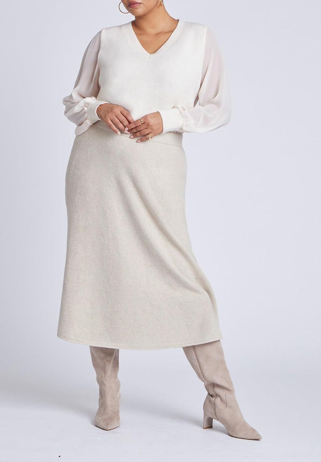 imageELOQUII Womens Plus Size Sheer Sleeve VNeck SweaterButtercream