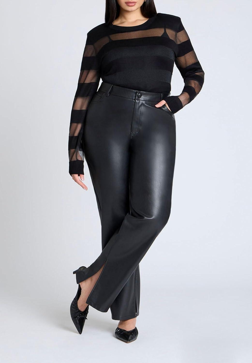 imageELOQUII Womens Plus Size Sheer Stripe Sweater with Shoulder PadBlack Onyx