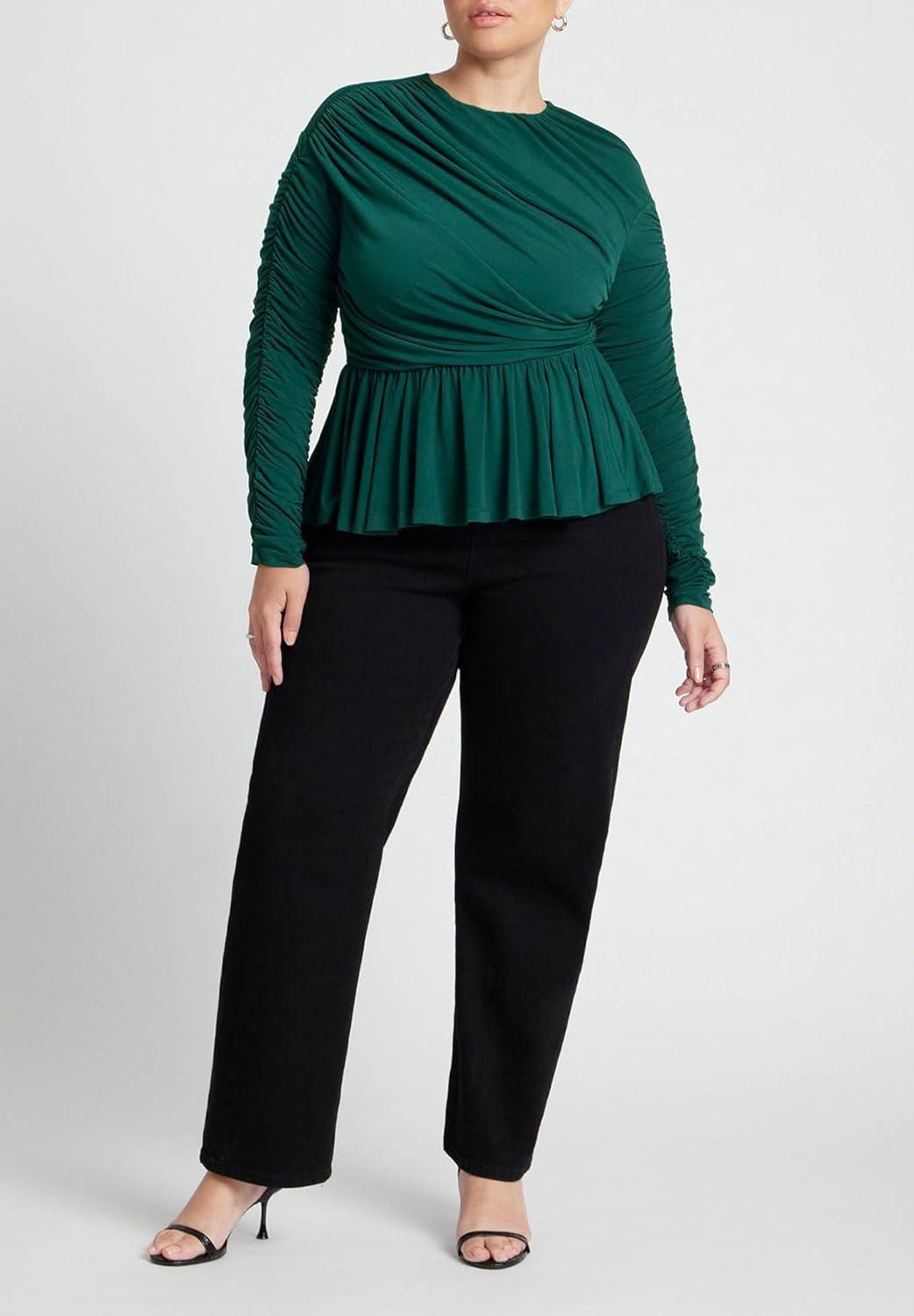 imageELOQUII Womens Plus Size Shirred Peplum TopRainforest